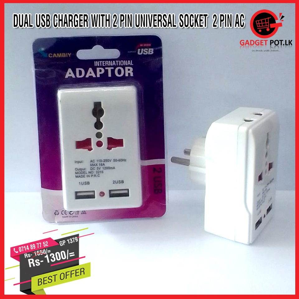 Dual Usb Charger With 2 Pin Universal Socket  2 Pin Ac