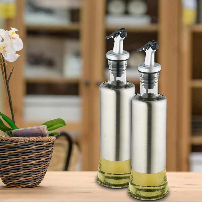 Stainless Steel Olive Oil Dispenser Bottles,Leak-Proof Oil Bottle Glass Cooking Vinegar Oil Container Cruet Set for Kitchen BBQ